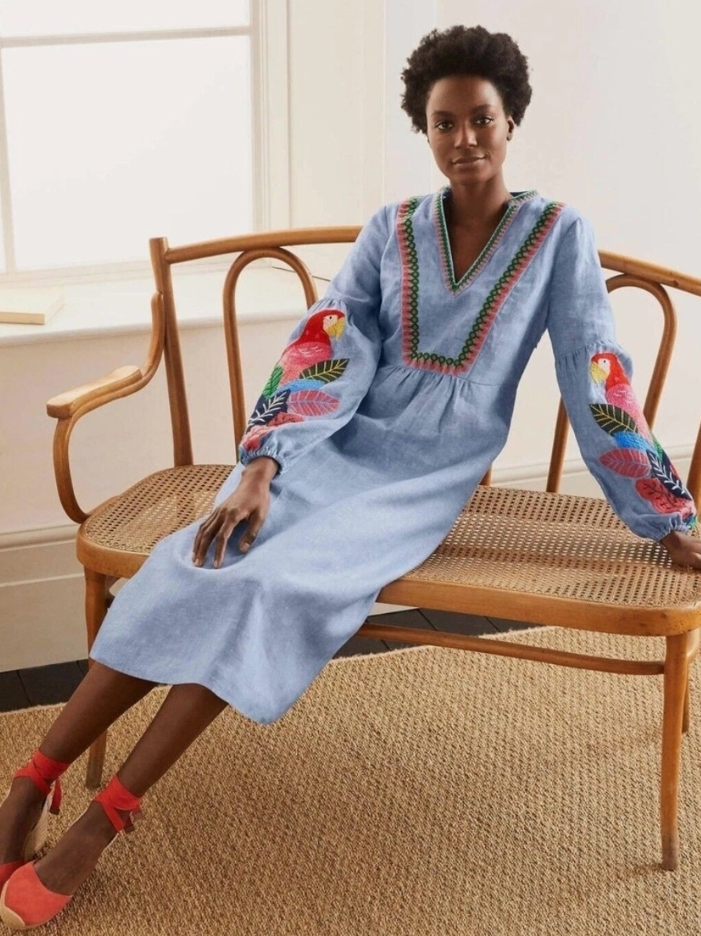 Boden Multicolored Parrot Embroidered Dress - Pink, Red, Green, Blue